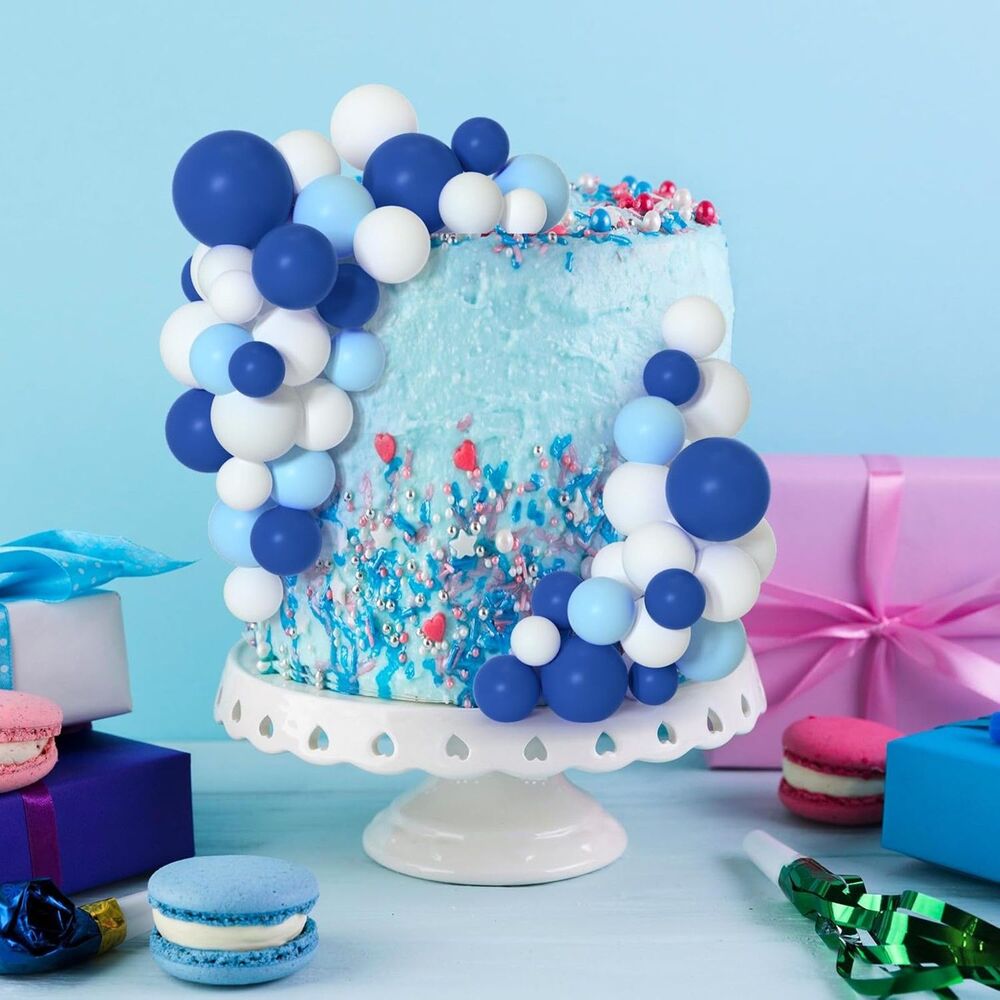 Bouiexye 75 Pcs Cake Balls Topper Decorations Mini Balloon Picks Blue Gold White